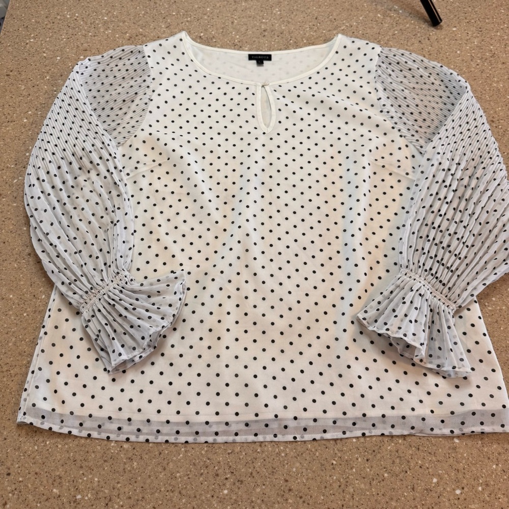 Talbots Off-White with Black Polka Dot Blouse Front Keyhole Ruffle Cuffs Large
